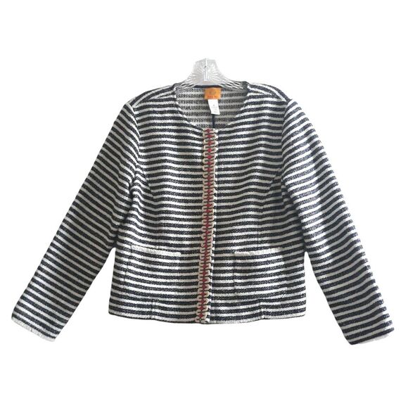 Ruby Rd Jacket Blazer Top Womens Size 10 Blue White Striped Fringed Pocket - Picture 1 of 12